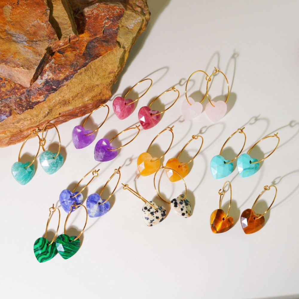 Jewelry Wholesale Waterproof Stainless Steel Hypoallergenic Colorful Natural Heart Stone Hoop Earrings