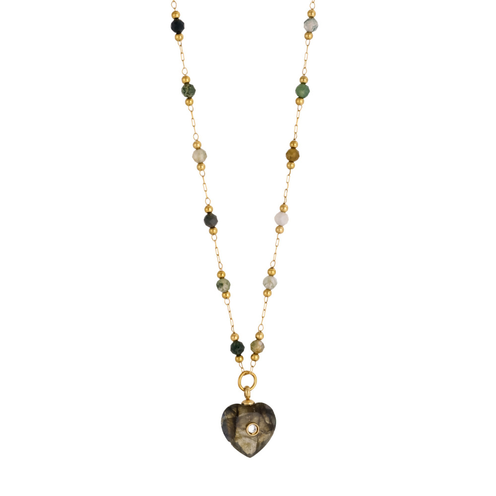Jewelry Wholesale Waterproof Stainless Steel Colorful Natural Heart Stone Pendant Necklace