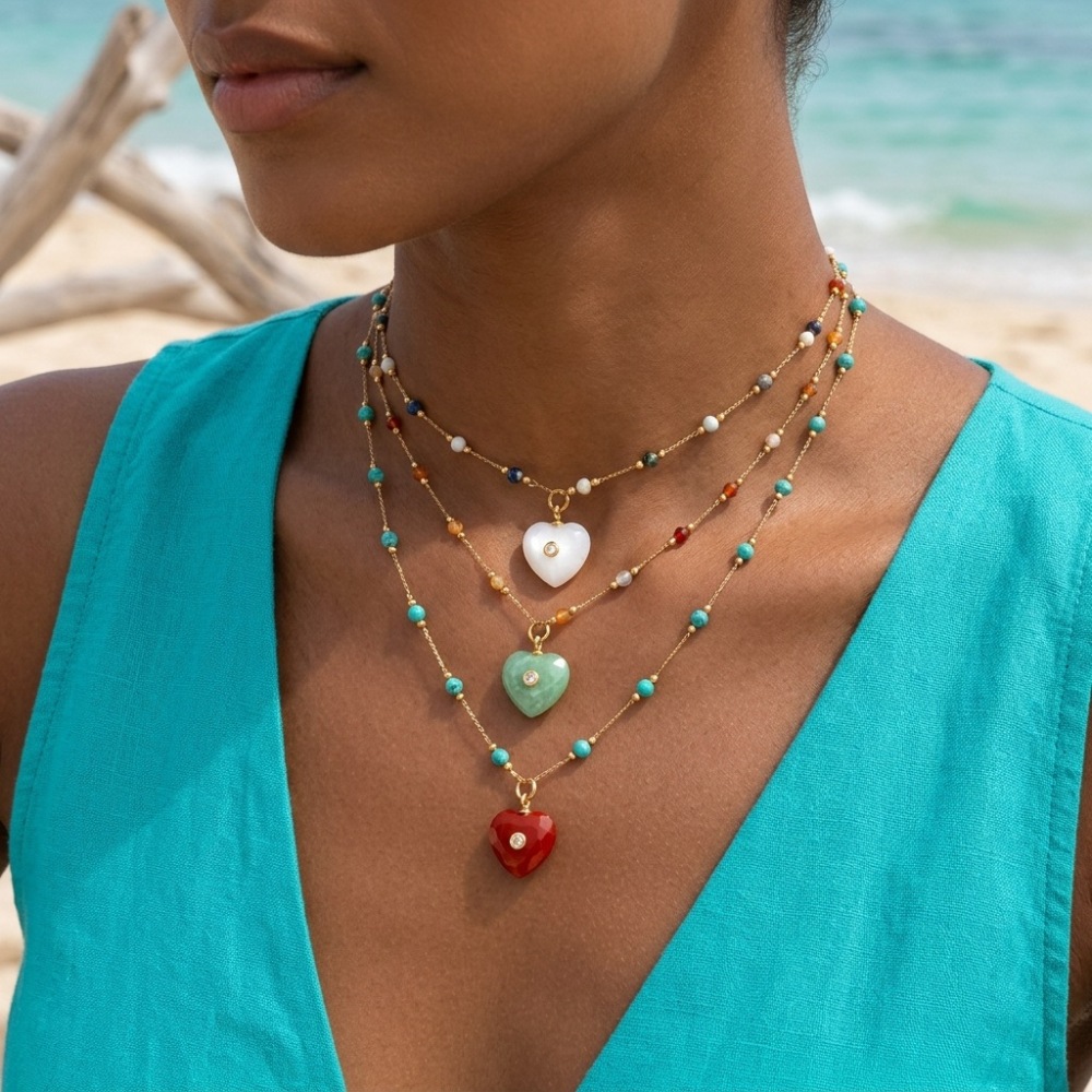 Jewelry Wholesale Waterproof Stainless Steel Colorful Natural Heart Stone Pendant Necklace