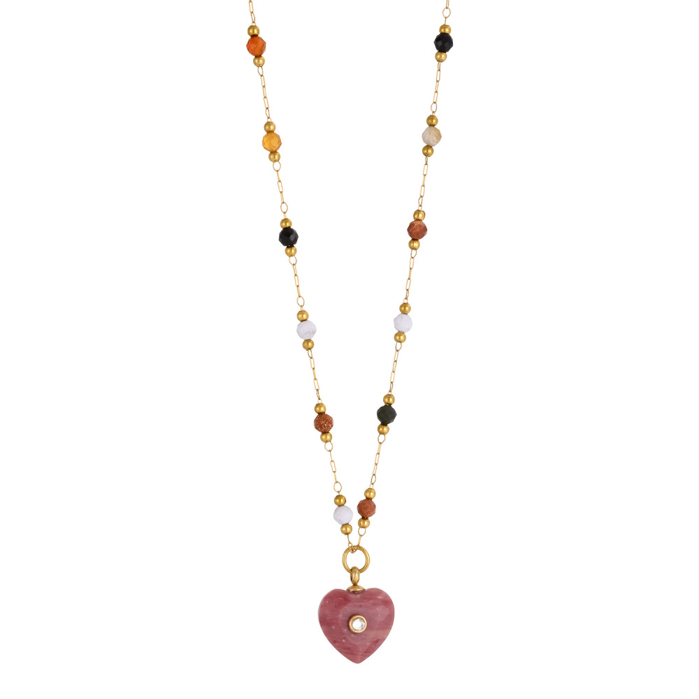 Jewelry Wholesale Waterproof Stainless Steel Colorful Natural Heart Stone Pendant Necklace