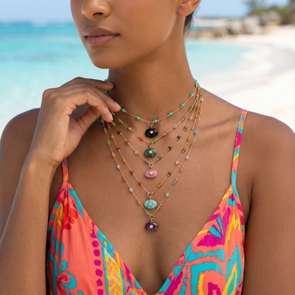 Jewelry Wholesale Waterproof Stainless Steel Colorful Natural Oval Shaped Stone Pendant Necklace