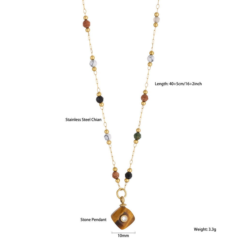 Jewelry Wholesale Waterproof Stainless Steel Colorful Triangle Square Shaped Natural Stone Pendant Necklace
