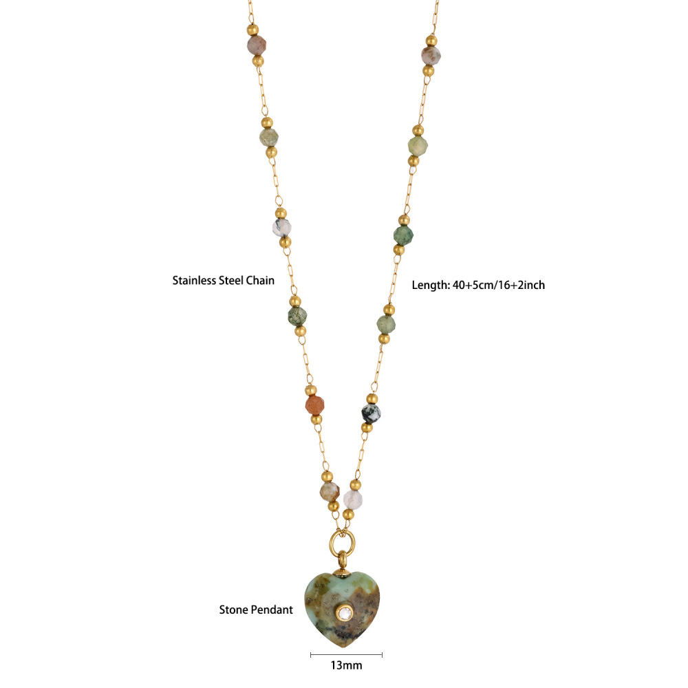 Jewelry Wholesale Waterproof Stainless Steel Colorful Natural Heart Stone Pendant Necklace