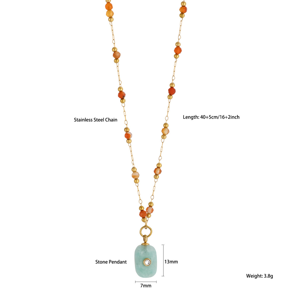 Jewelry Wholesale Waterproof Stainless Steel Colorful Rectangle Shaped Natural Stone Pendant Necklace