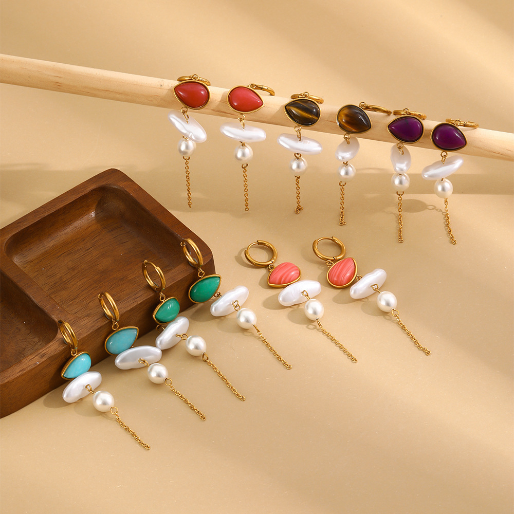Jewelry Wholesale Stainless Steel Hypoallergenic Colorful Natural Stones Pearl Dangle Earrings