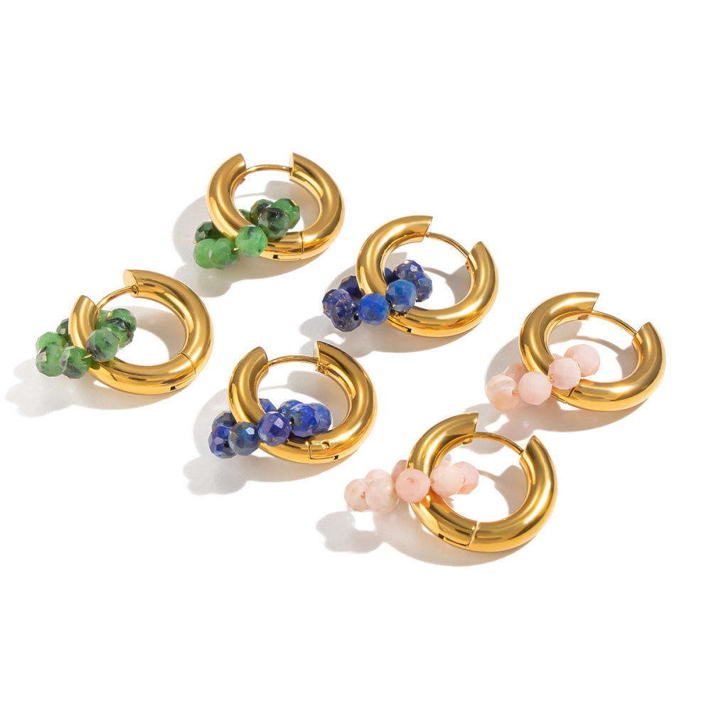 Jewelry Wholesale Waterproof Stainless Steel Hypoallergenic Colorful Natural Stones Crystal Hoop Earrings