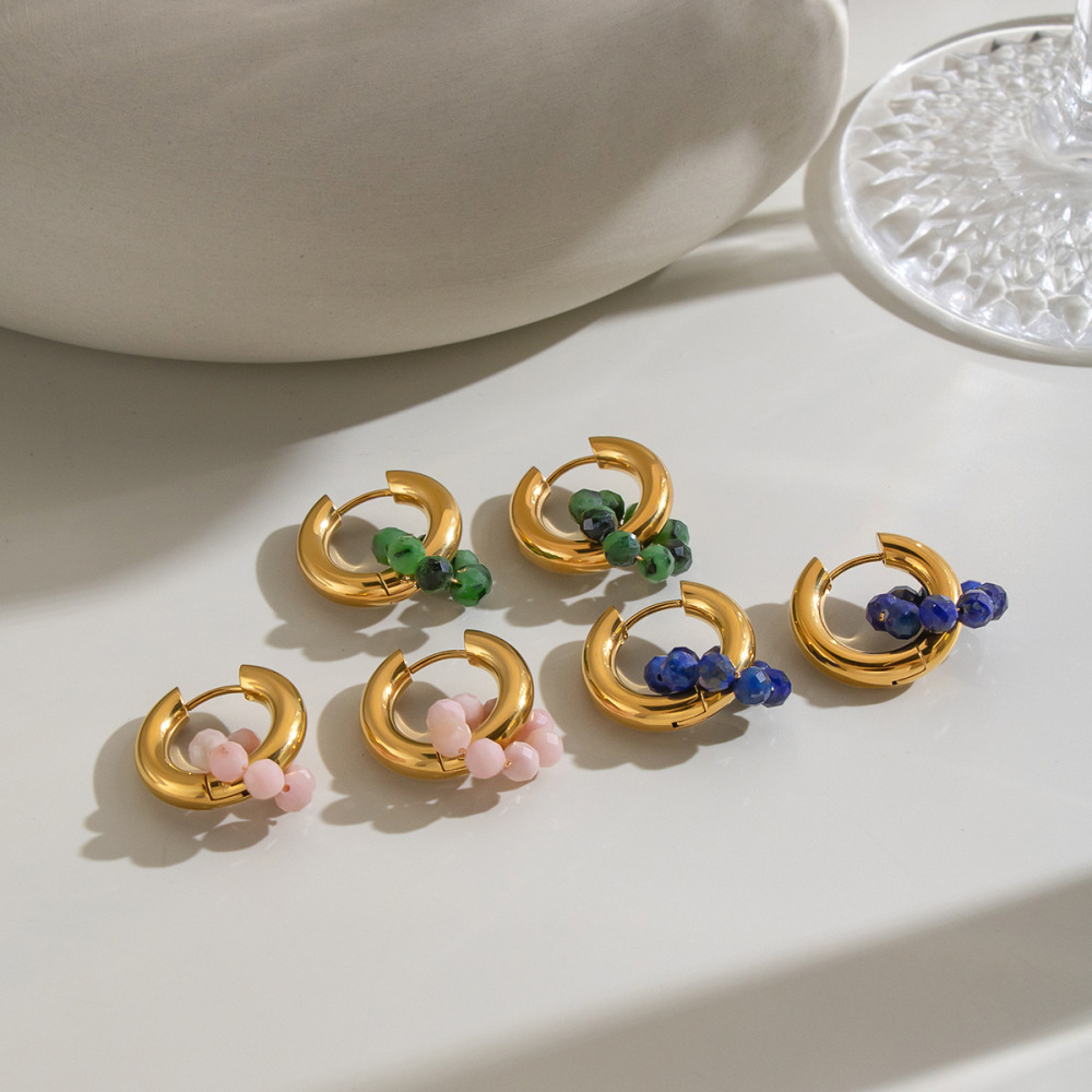 Jewelry Wholesale Waterproof Stainless Steel Hypoallergenic Colorful Natural Stones Crystal Hoop Earrings