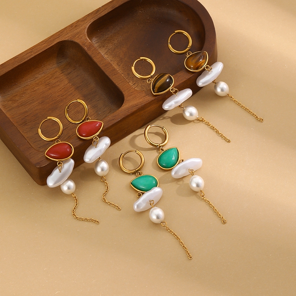 Jewelry Wholesale Stainless Steel Hypoallergenic Colorful Natural Stones Pearl Dangle Earrings