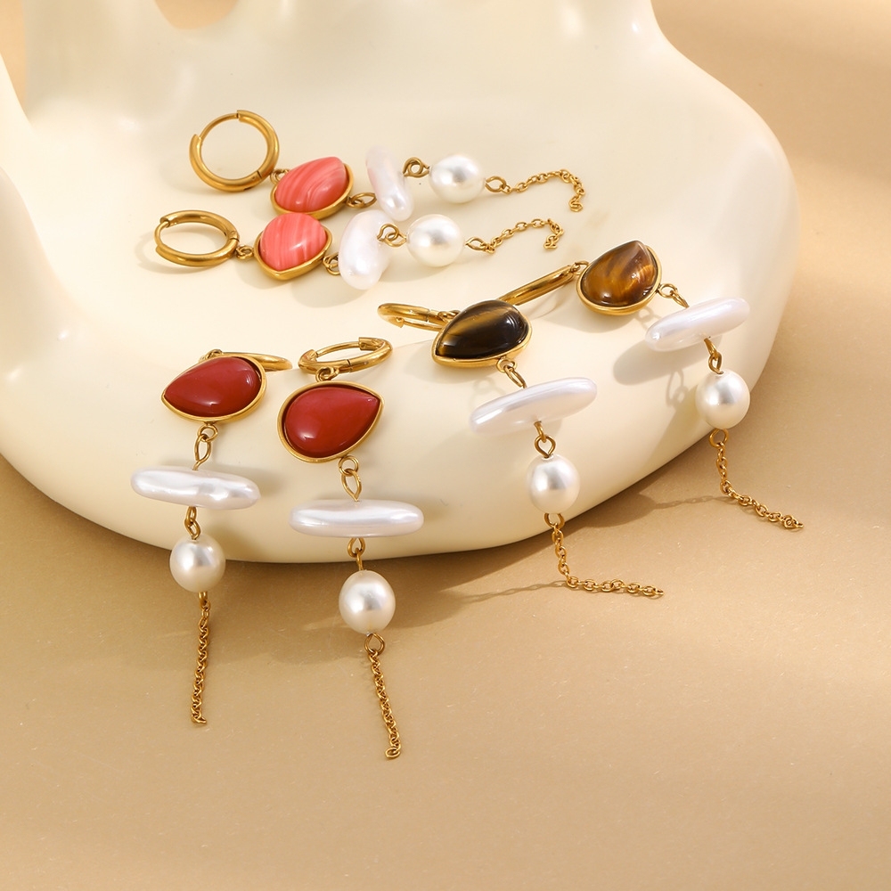 Jewelry Wholesale Stainless Steel Hypoallergenic Colorful Natural Stones Pearl Dangle Earrings