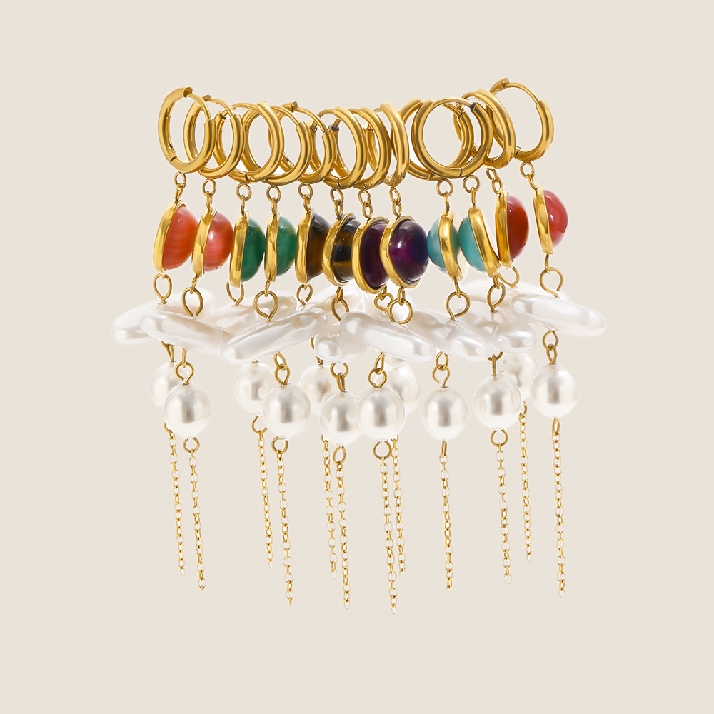 Jewelry Wholesale Stainless Steel Hypoallergenic Colorful Natural Stones Pearl Dangle Earrings