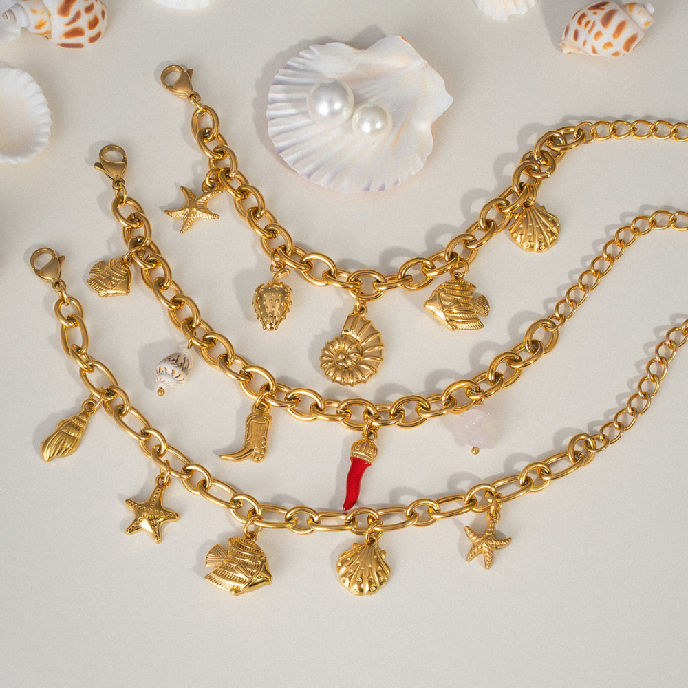 Hot Ocean Beach Vacation Style Gold Plated Waterproof Stainless Steel Shell Fish Conch Starfish Pendant Charms Bracelets Women