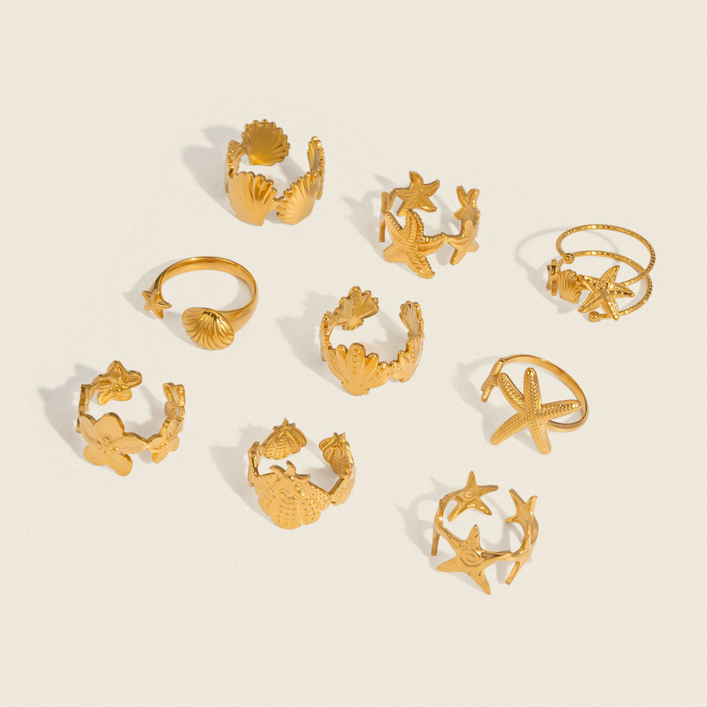Hot Selling Ocean Beach Style Boho 18K Gold Plated Stainless Steel Tarnish Free Starfsih Shell Flower Open Rings Set for Women