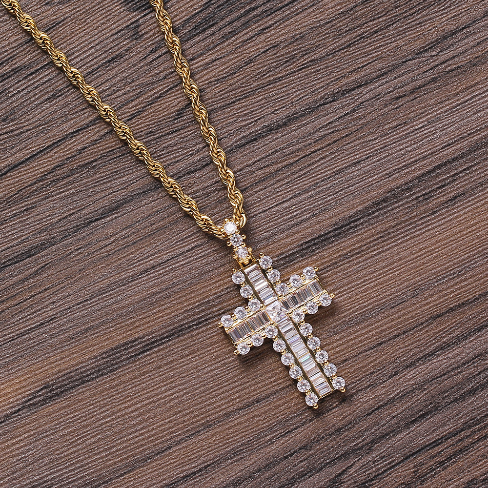 Fashion Jewelry Wholesale Luxury Stainless Steel Chain 18K Gold Plated Hiphop Full Cubic Zircon Cross Pendant Necklace