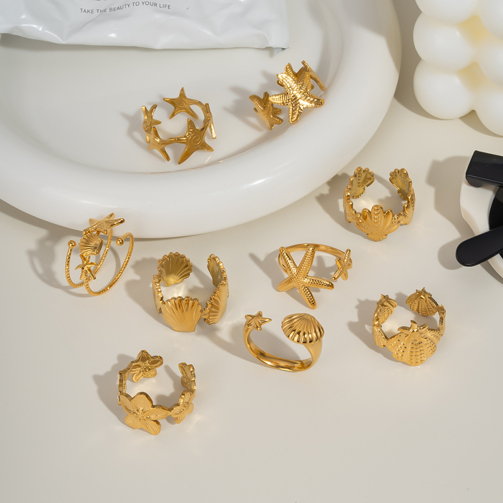 Hot Selling Ocean Beach Style Boho 18K Gold Plated Stainless Steel Tarnish Free Starfsih Shell Flower Open Rings Set for Women