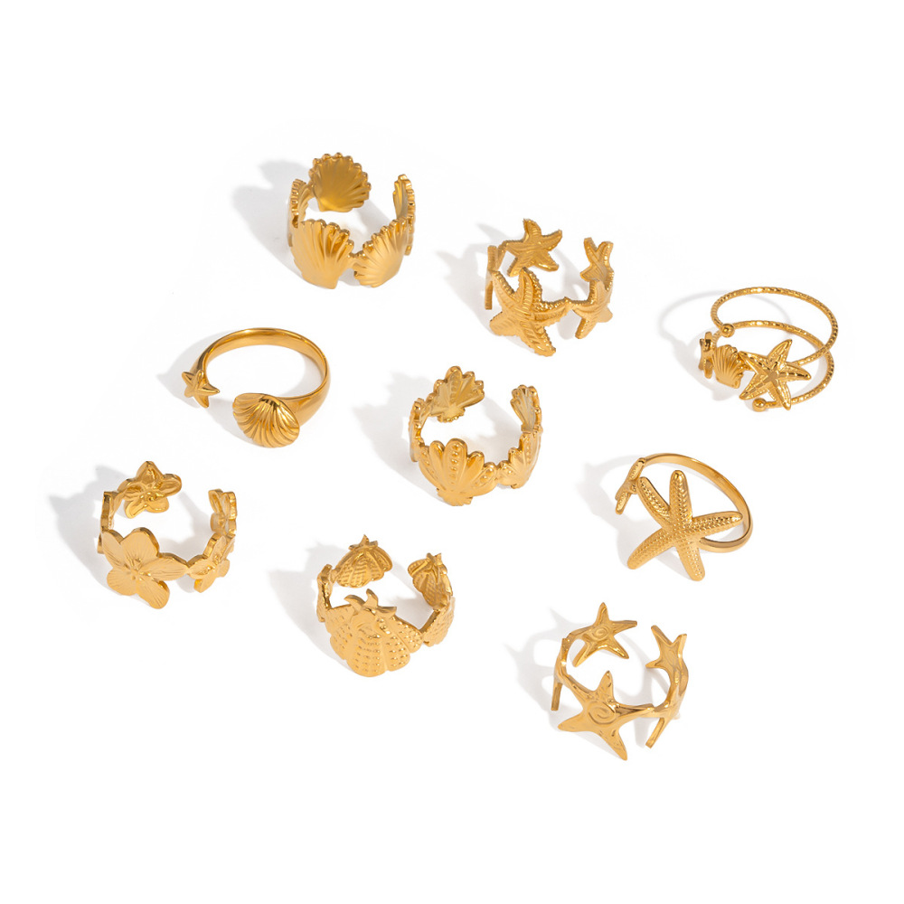 Hot Selling Ocean Beach Style Boho 18K Gold Plated Stainless Steel Tarnish Free Starfsih Shell Flower Open Rings Set for Women