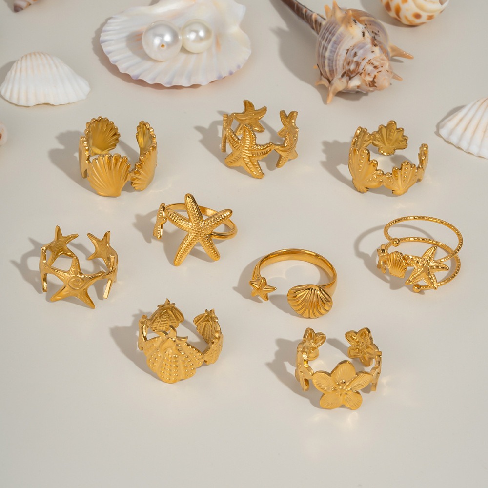 Hot Selling Ocean Beach Style Boho 18K Gold Plated Stainless Steel Tarnish Free Starfsih Shell Flower Open Rings Set for Women