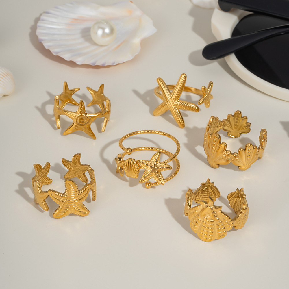Hot Selling Ocean Beach Style Boho 18K Gold Plated Stainless Steel Tarnish Free Starfsih Shell Flower Open Rings Set for Women