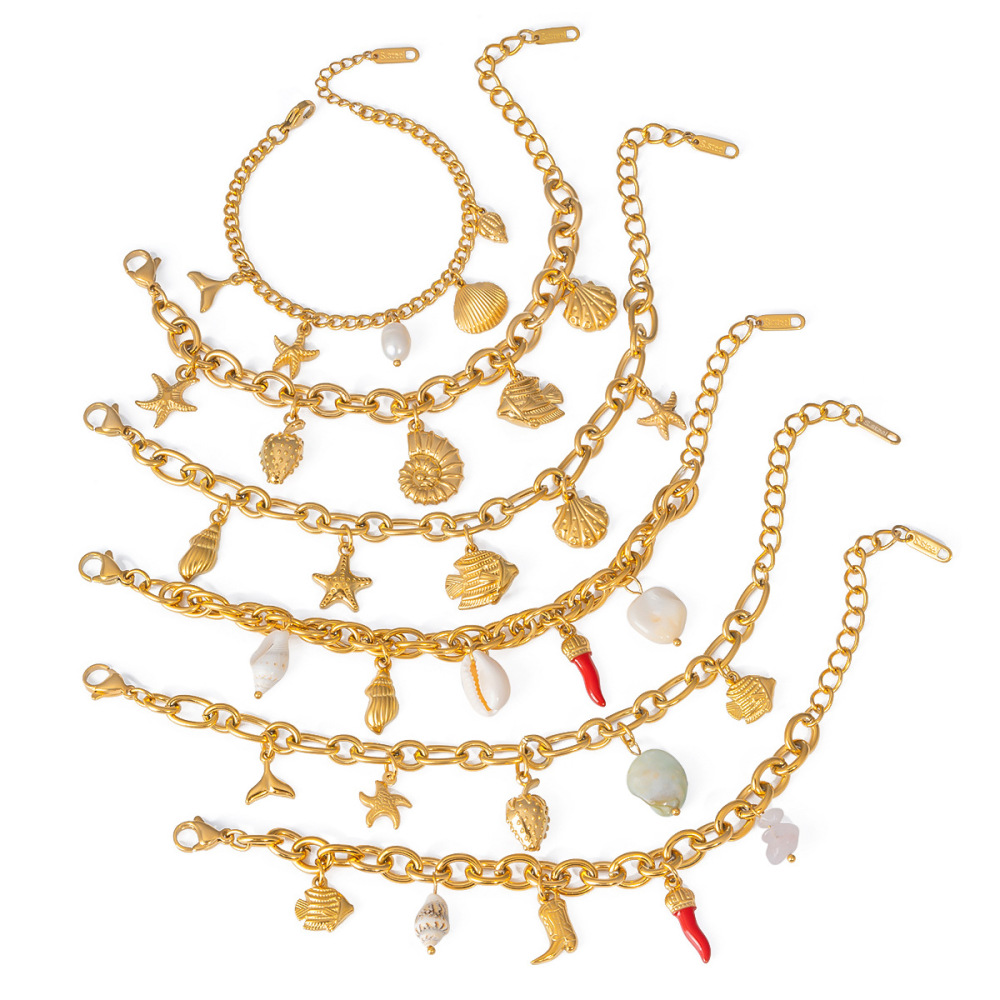 Hot Ocean Beach Vacation Style Gold Plated Waterproof Stainless Steel Shell Fish Conch Starfish Pendant Charms Bracelets Women