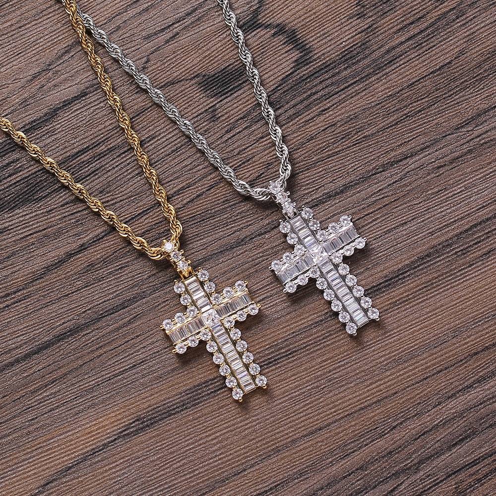 Fashion Jewelry Wholesale Luxury Stainless Steel Chain 18K Gold Plated Hiphop Full Cubic Zircon Cross Pendant Necklace