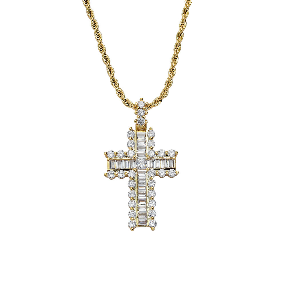 Fashion Jewelry Wholesale Luxury Stainless Steel Chain 18K Gold Plated Hiphop Full Cubic Zircon Cross Pendant Necklace