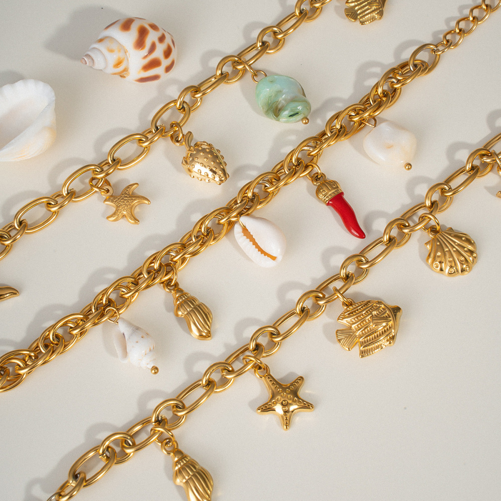 Hot Ocean Beach Vacation Style Gold Plated Waterproof Stainless Steel Shell Fish Conch Starfish Pendant Charms Bracelets Women
