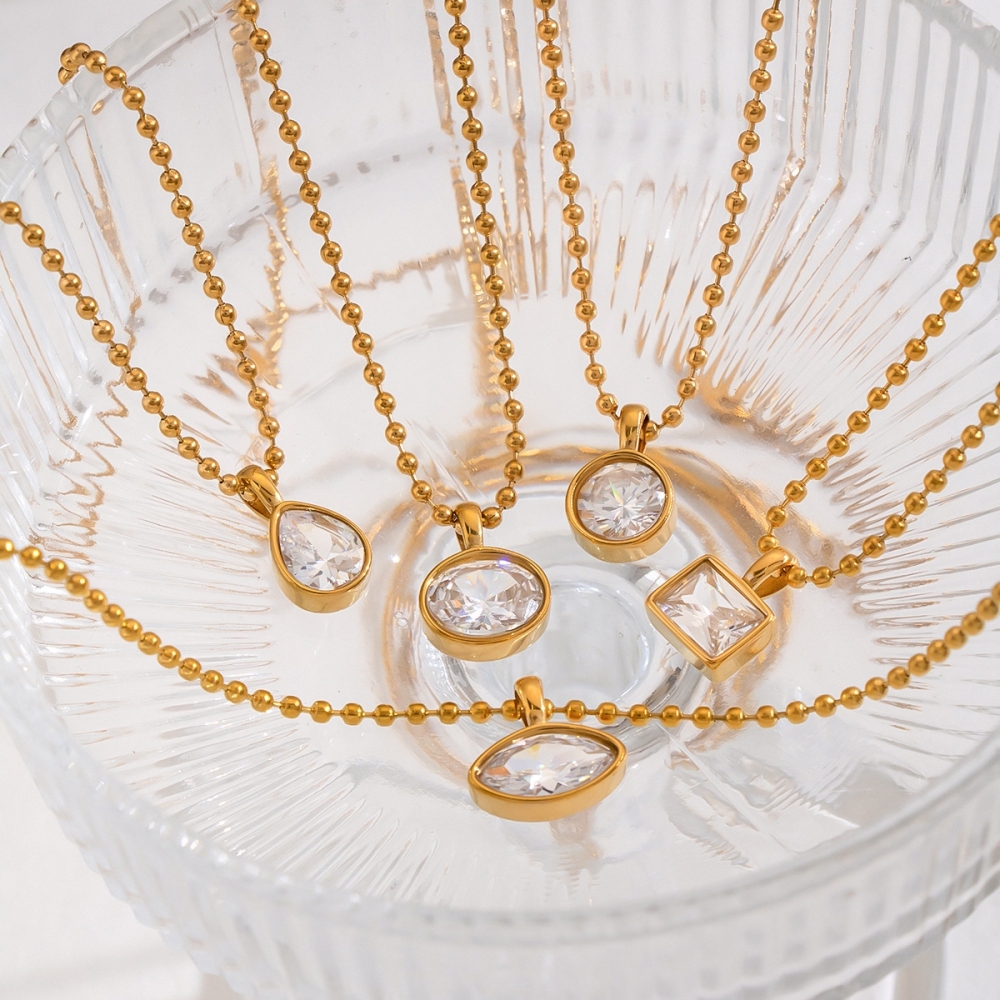 Jewelry Wholesale Waterproof Stainless Steel Beads Chain Geometric Zircon Pendant Necklace