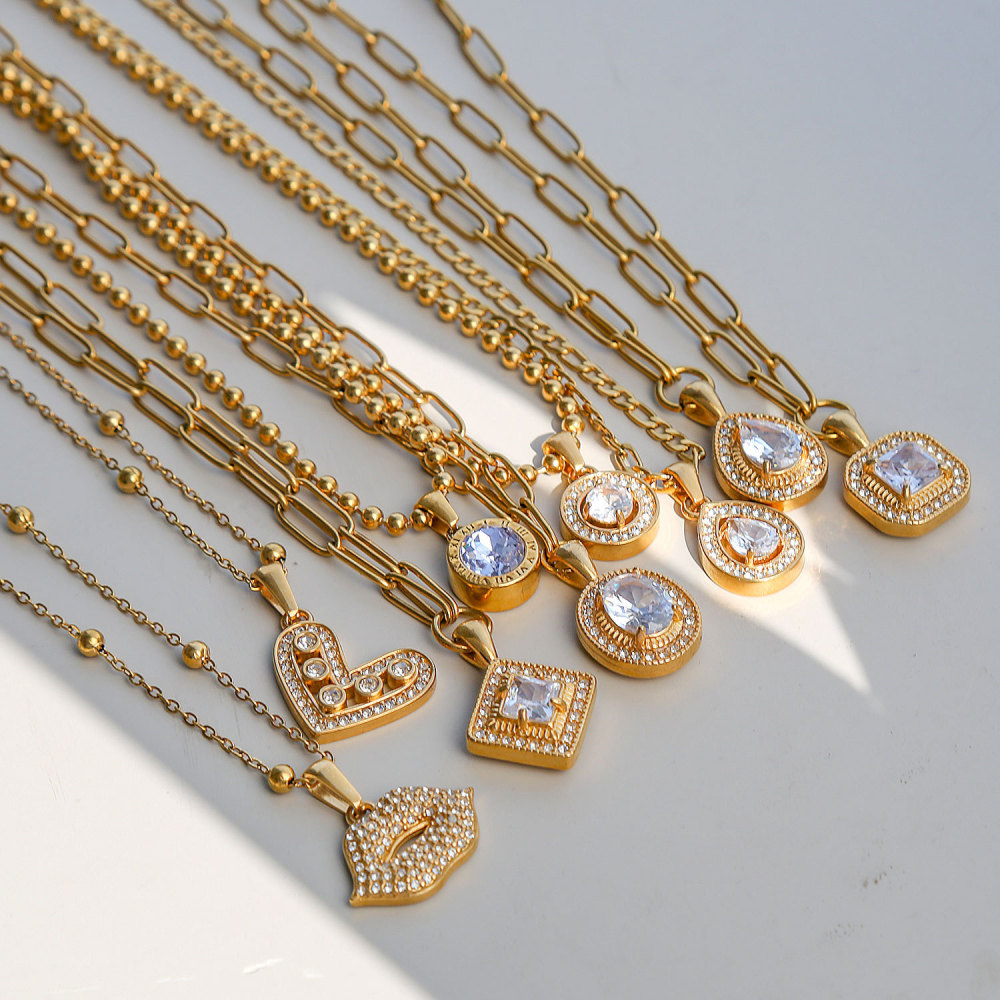 Jewelry Wholesale Waterproof Stainless Steel Geometric Zircon Pendant Necklace