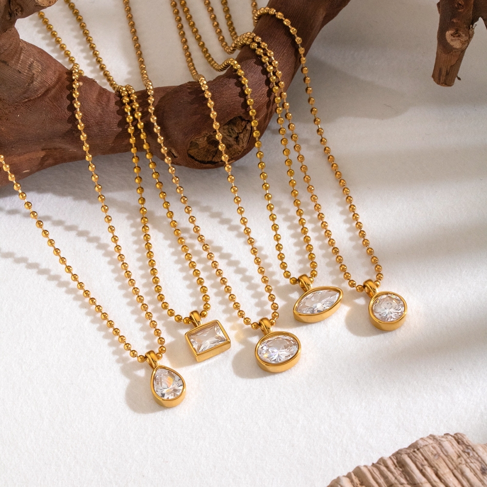 Jewelry Wholesale Waterproof Stainless Steel Beads Chain Geometric Zircon Pendant Necklace