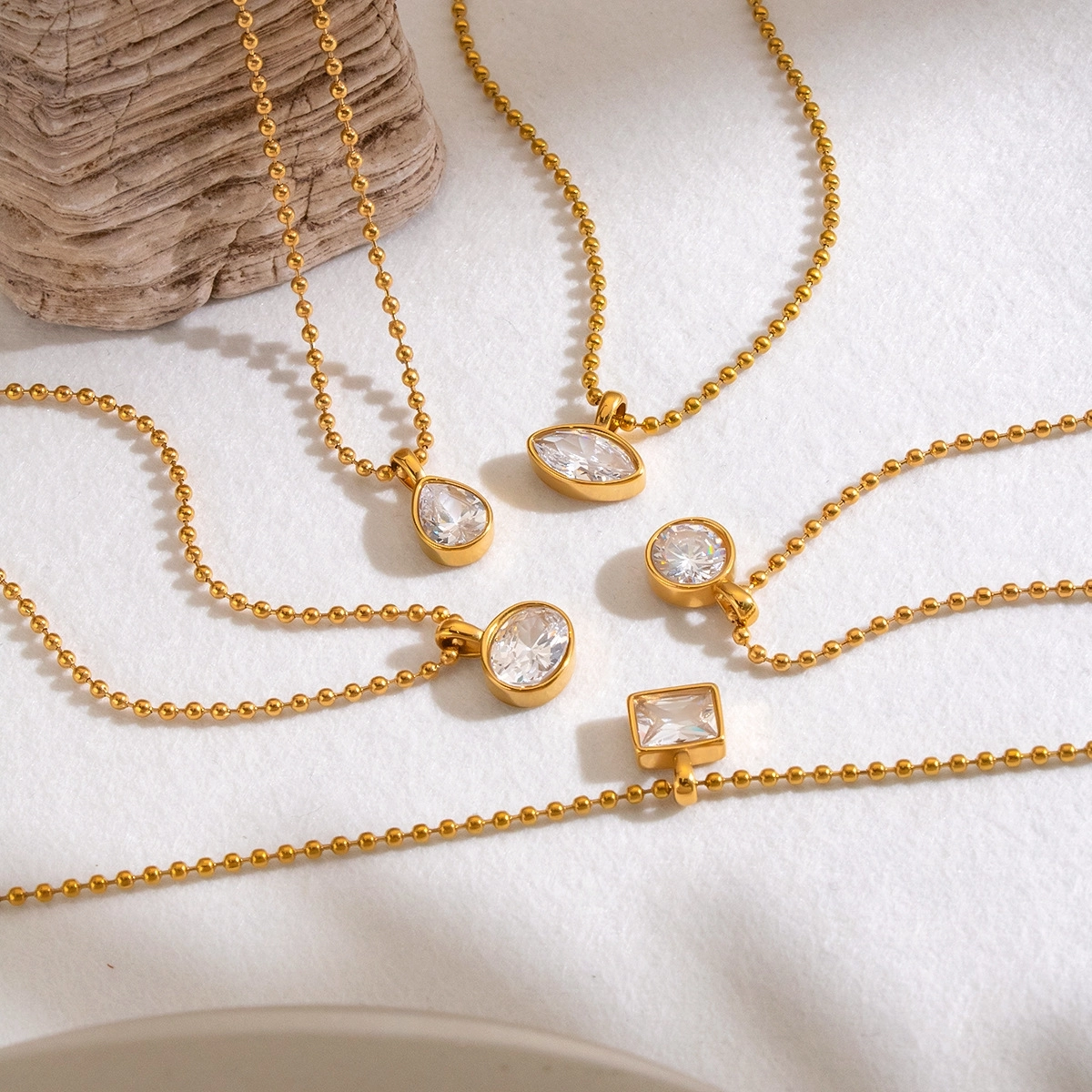 Jewelry Wholesale Waterproof Stainless Steel Beads Chain Geometric Zircon Pendant Necklace