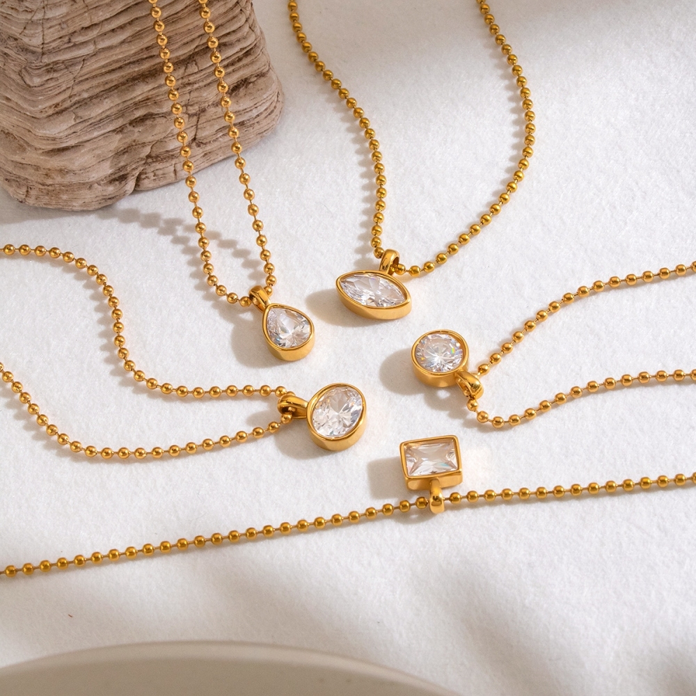 Jewelry Wholesale Waterproof Stainless Steel Beads Chain Geometric Zircon Pendant Necklace