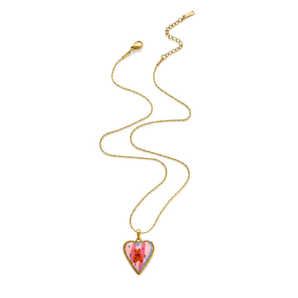 Jewelry Wholesale Tarnish Free Stainless Steel Oil Dripping Strawberry Bear Heart Pendant Necklace