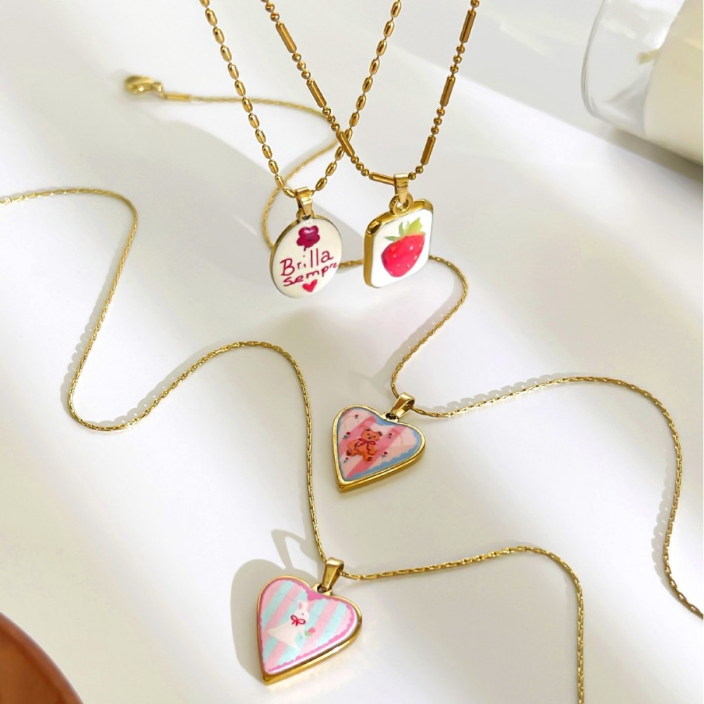 Jewelry Wholesale Tarnish Free Stainless Steel Oil Dripping Strawberry Bear Heart Pendant Necklace