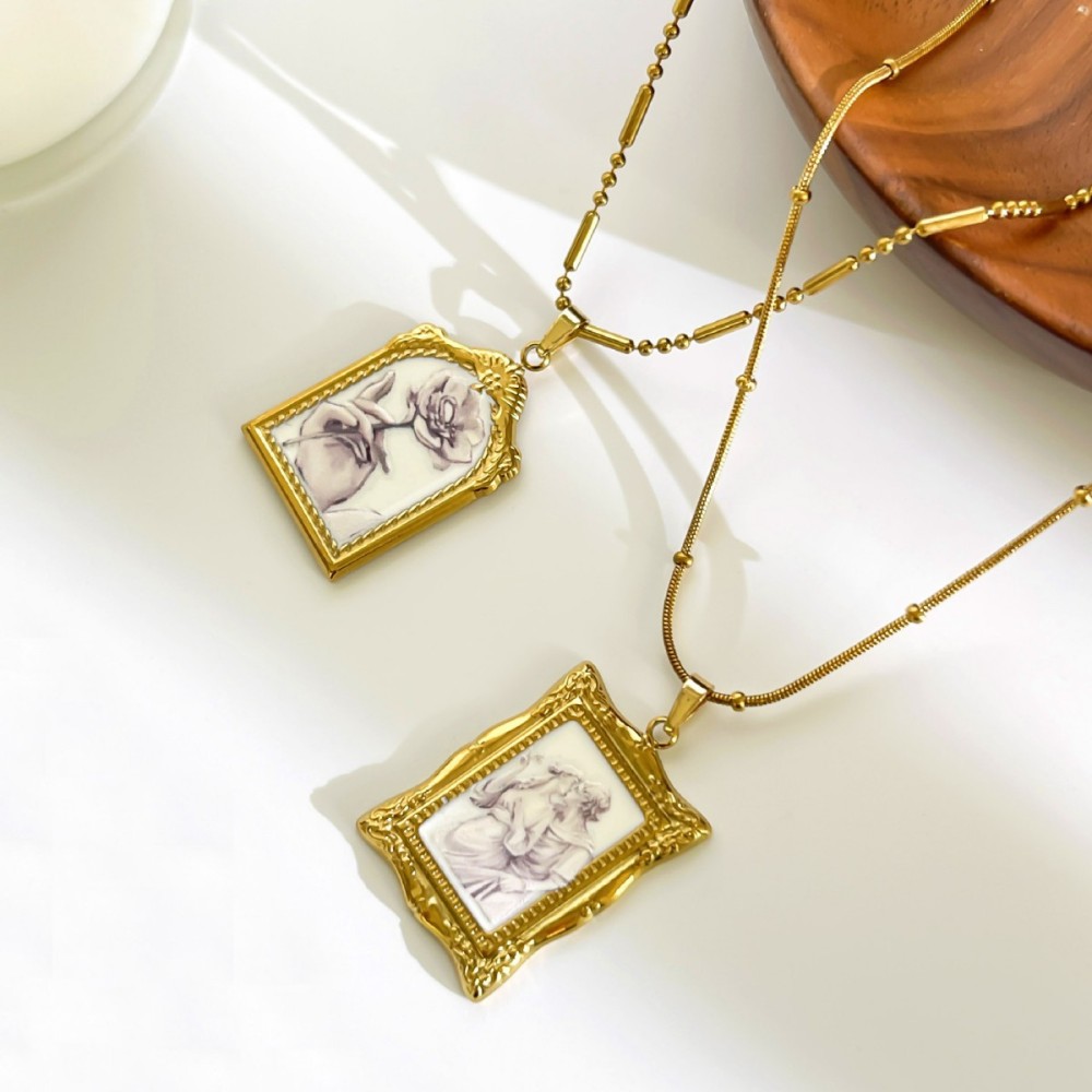 Jewelry Wholesale Tarnish Free Stainless Steel Enamel Painted Rose Flower Couple Pendant Necklace