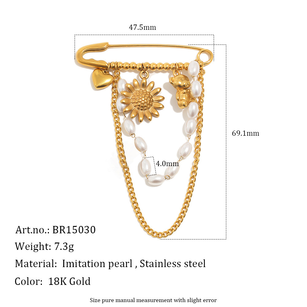 Jewelry Accessories Waterproof Stainless Steel Sun Flower Heart Pearl Charms Brooches Wholesale