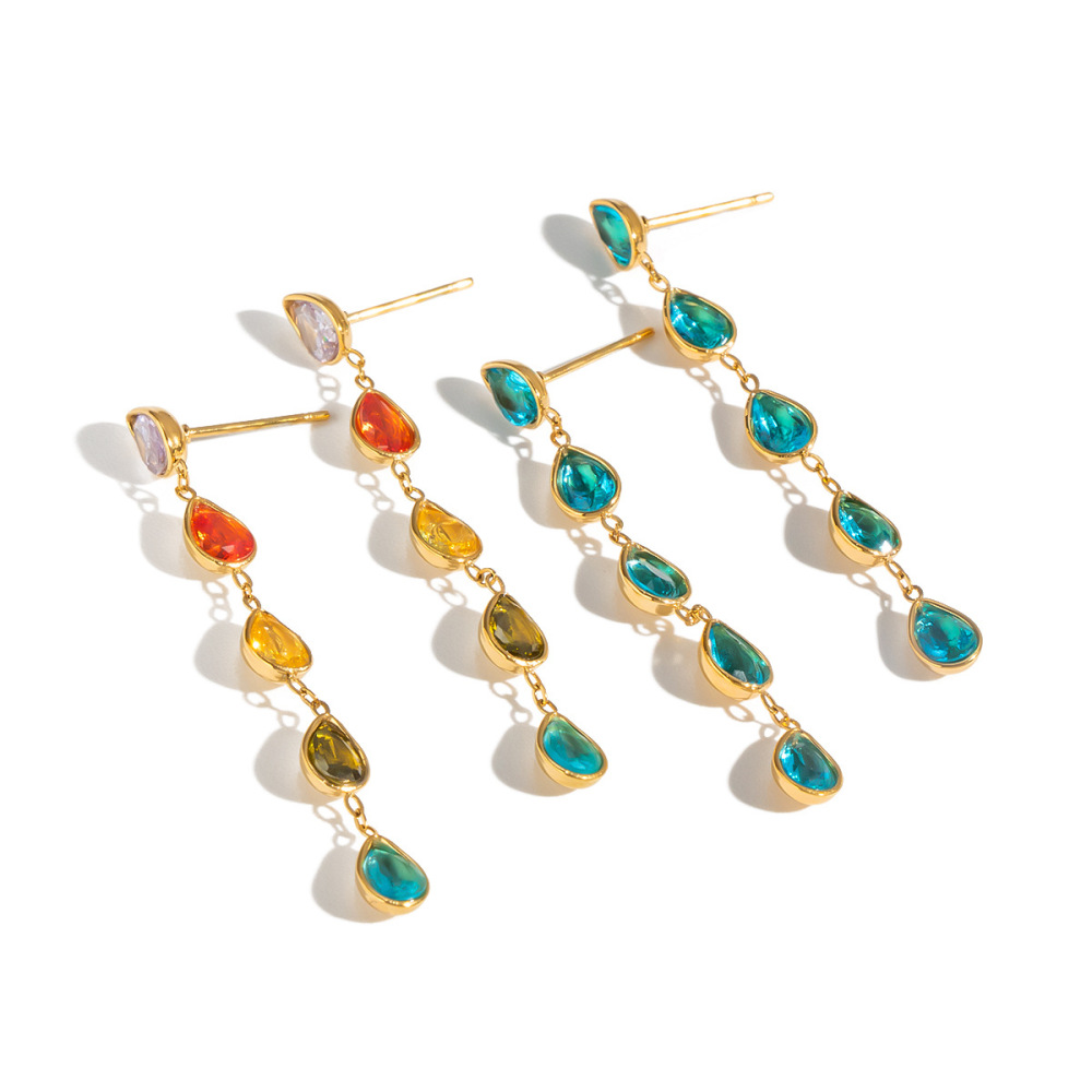 Waterproof Hypoallergenic Stainless Steel Colorful Teardrop Long Tassel Earrings Wholesale