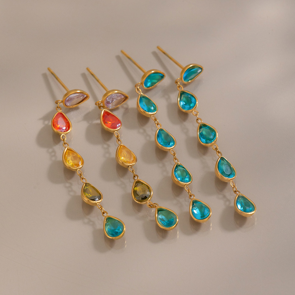 Waterproof Hypoallergenic Stainless Steel Colorful Teardrop Long Tassel Earrings Wholesale