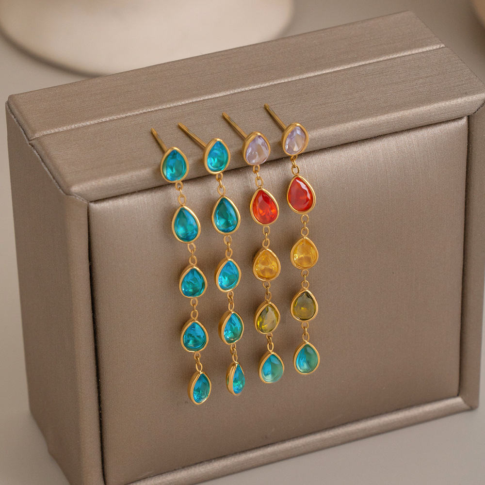 Waterproof Hypoallergenic Stainless Steel Colorful Teardrop Long Tassel Earrings Wholesale