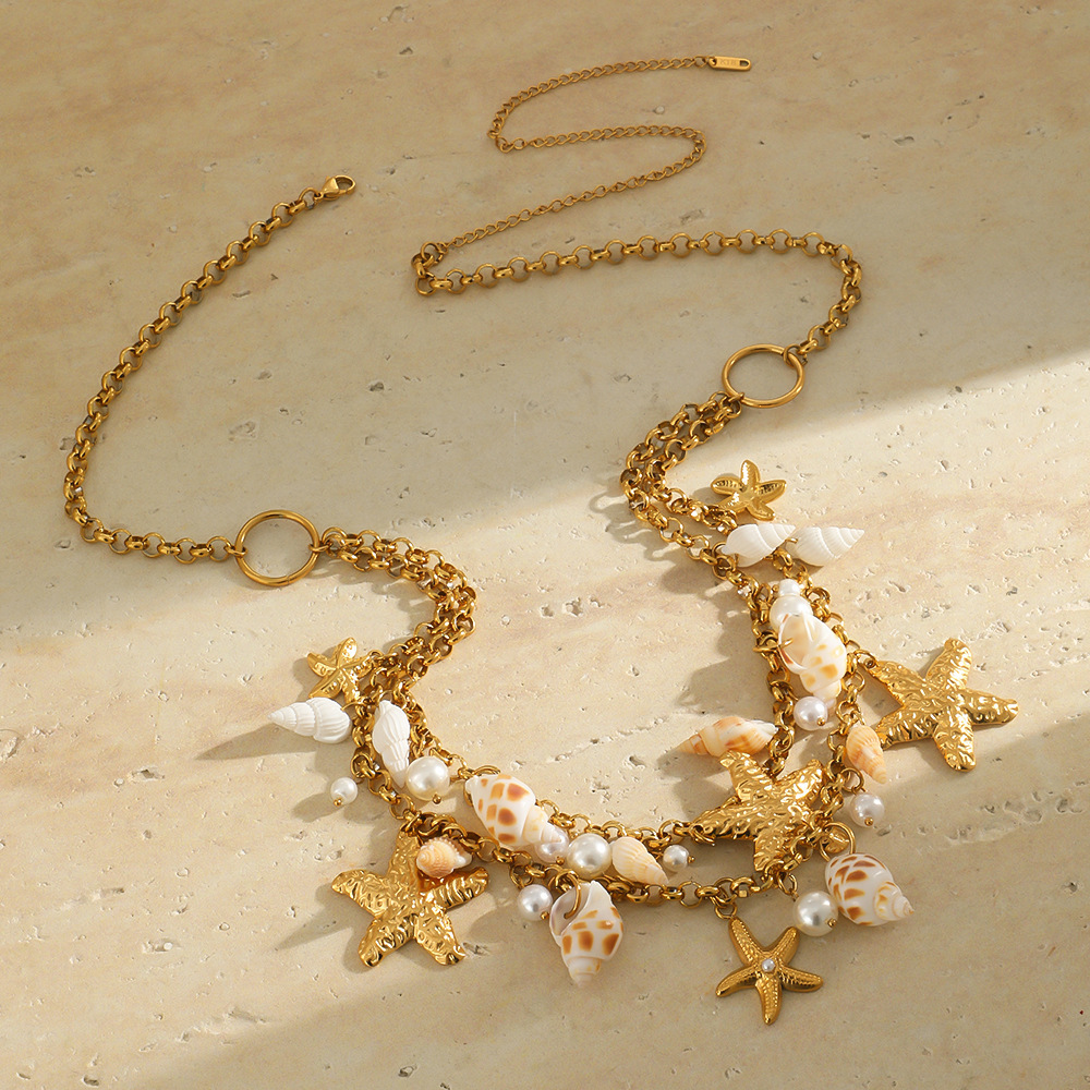 Wholesale Ocean Beach Style Stainless Steel Body Jewelry Waterproof Two Layers Starfish Conch Charms Waist Chains