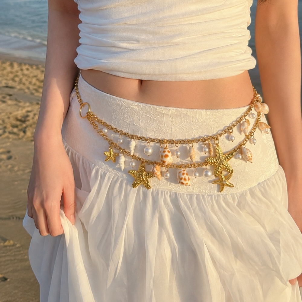 Wholesale Ocean Beach Style Stainless Steel Body Jewelry Waterproof Two Layers Starfish Conch Charms Waist Chains