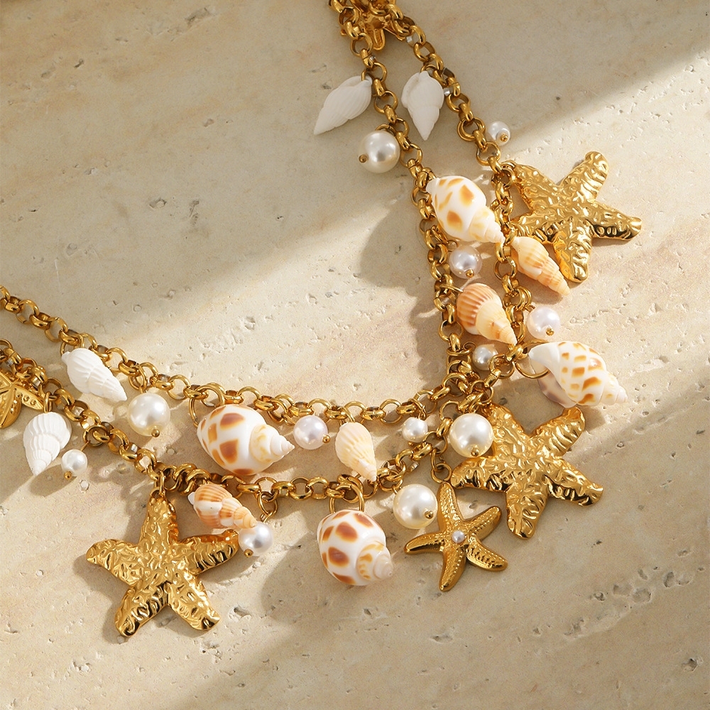 Wholesale Ocean Beach Style Stainless Steel Body Jewelry Waterproof Two Layers Starfish Conch Charms Waist Chains