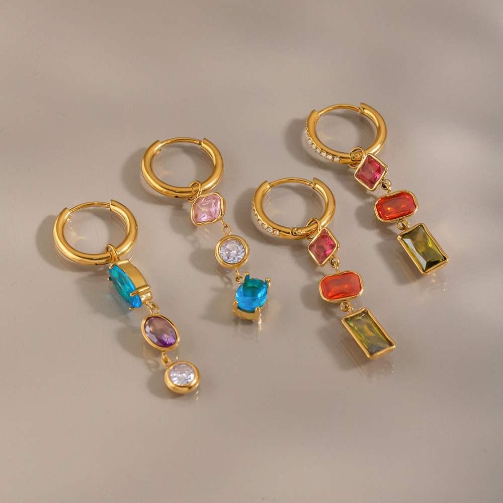 Waterproof Hypoallergenic Stainless Steel Colorful Zircon Long Hoop Earrings Wholesale