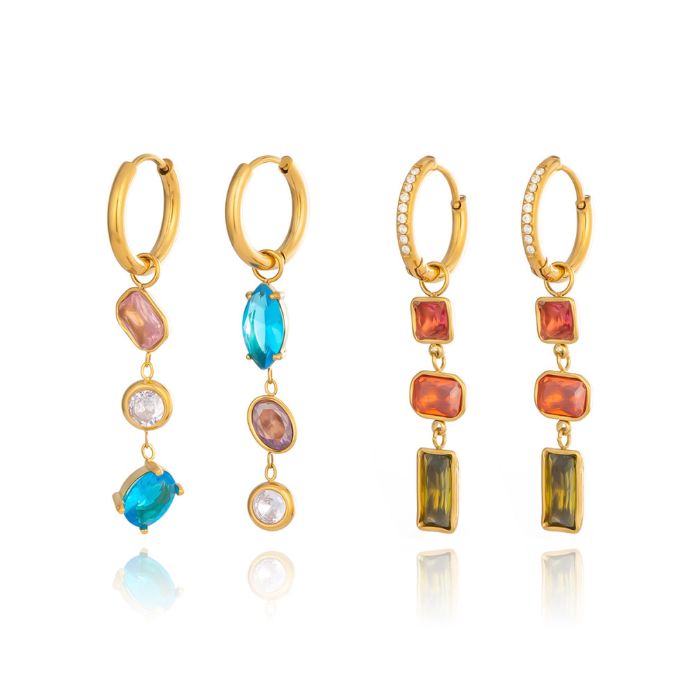 Waterproof Hypoallergenic Stainless Steel Colorful Zircon Long Hoop Earrings Wholesale