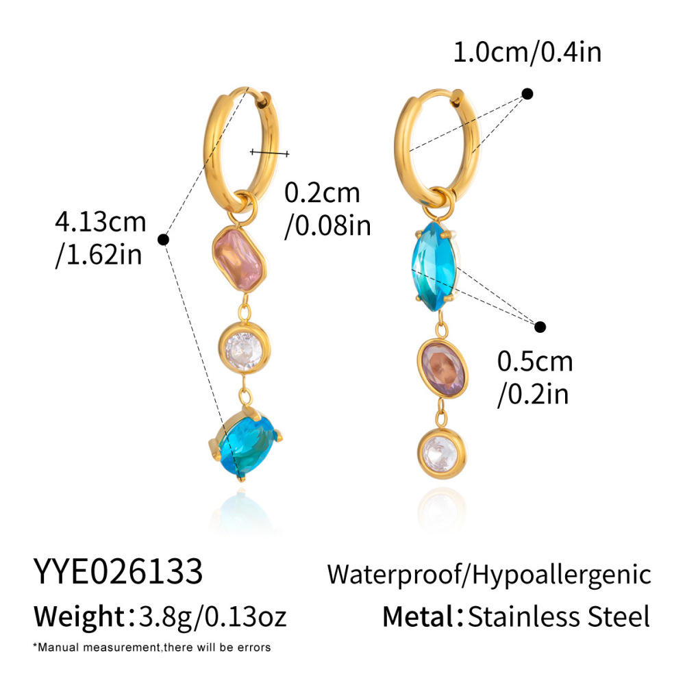 Waterproof Hypoallergenic Stainless Steel Colorful Zircon Long Hoop Earrings Wholesale