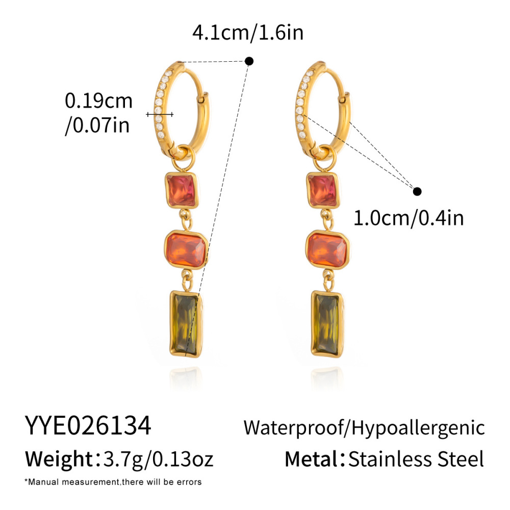 Waterproof Hypoallergenic Stainless Steel Colorful Zircon Long Hoop Earrings Wholesale