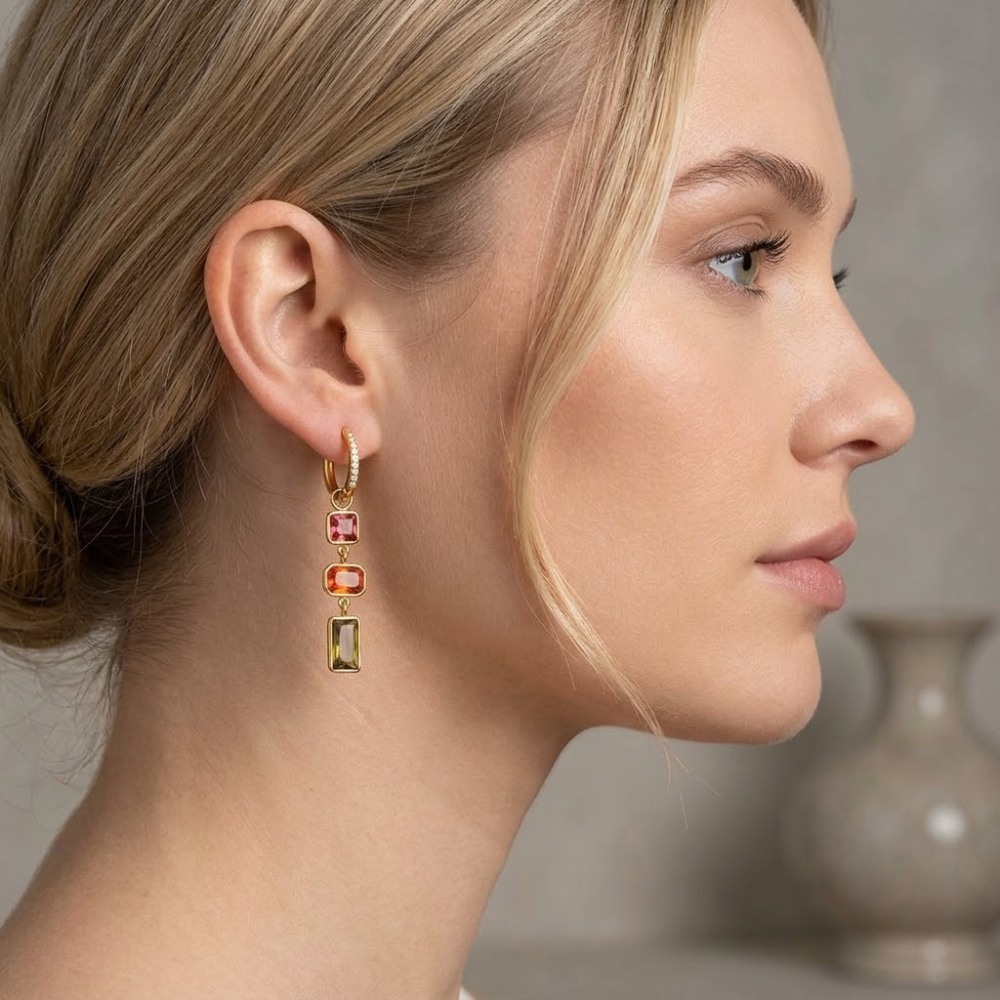 Waterproof Hypoallergenic Stainless Steel Colorful Zircon Long Hoop Earrings Wholesale