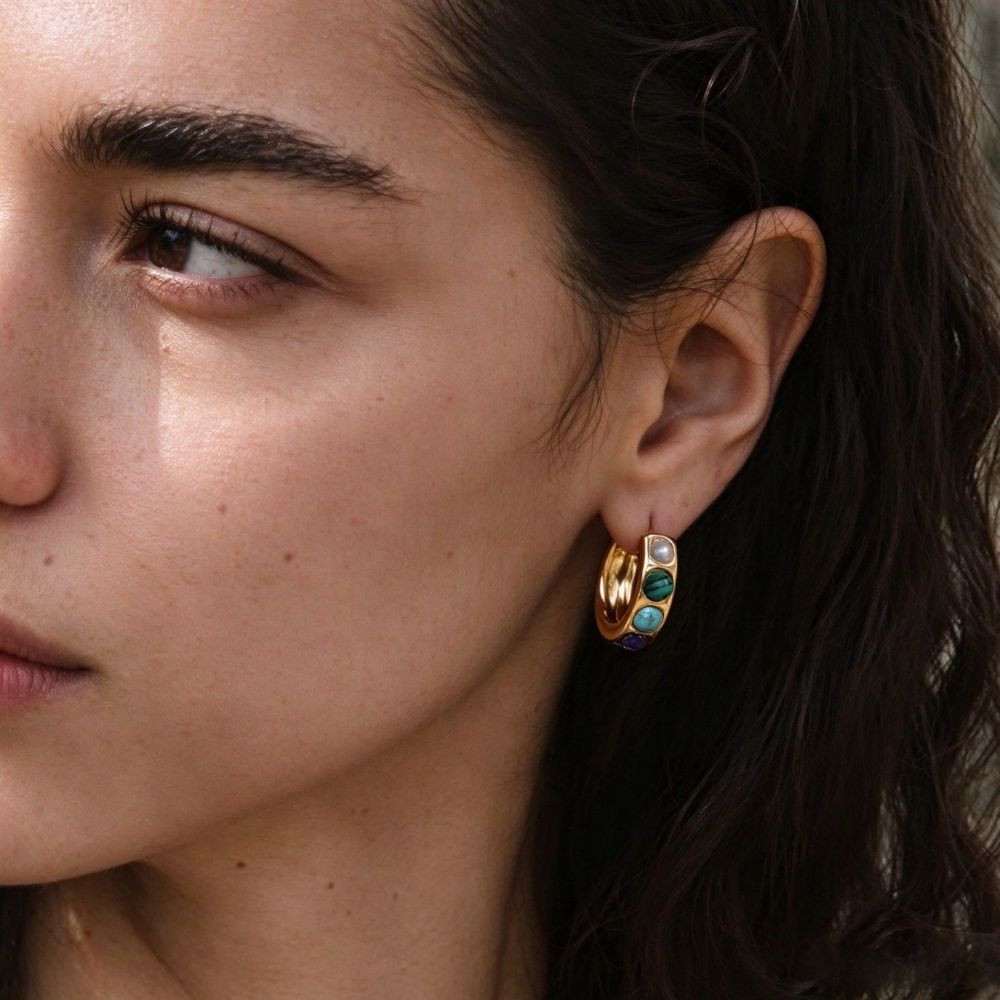 IVIAPRO Jewelry Waterproof Hypoallergenic Stainless Steel Natural Colorful Stones Hoop Earrings Wholesale