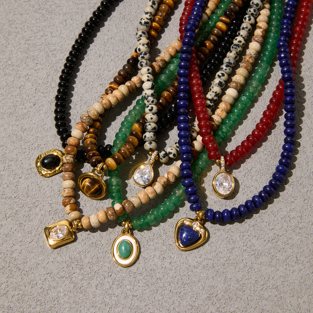 New Autumn & Winter Beads Jewelry Stainless Steel Geometric Pendant Natural Colorful Stones Crystal Beaded Necklace Wholesale