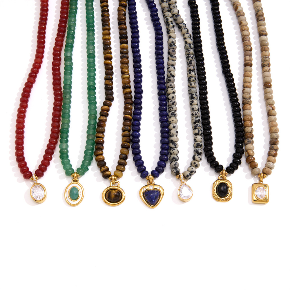 New Autumn & Winter Beads Jewelry Stainless Steel Geometric Pendant Natural Colorful Stones Crystal Beaded Necklace Wholesale