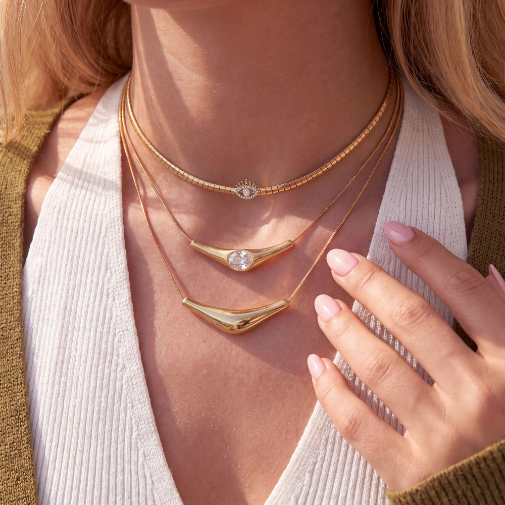 Fashion Jewelry Wholesale Stainless Steel Tarnish Free Snake Chain Evil Eye Choker Heart CZ Y-Shaped Long Necklace
