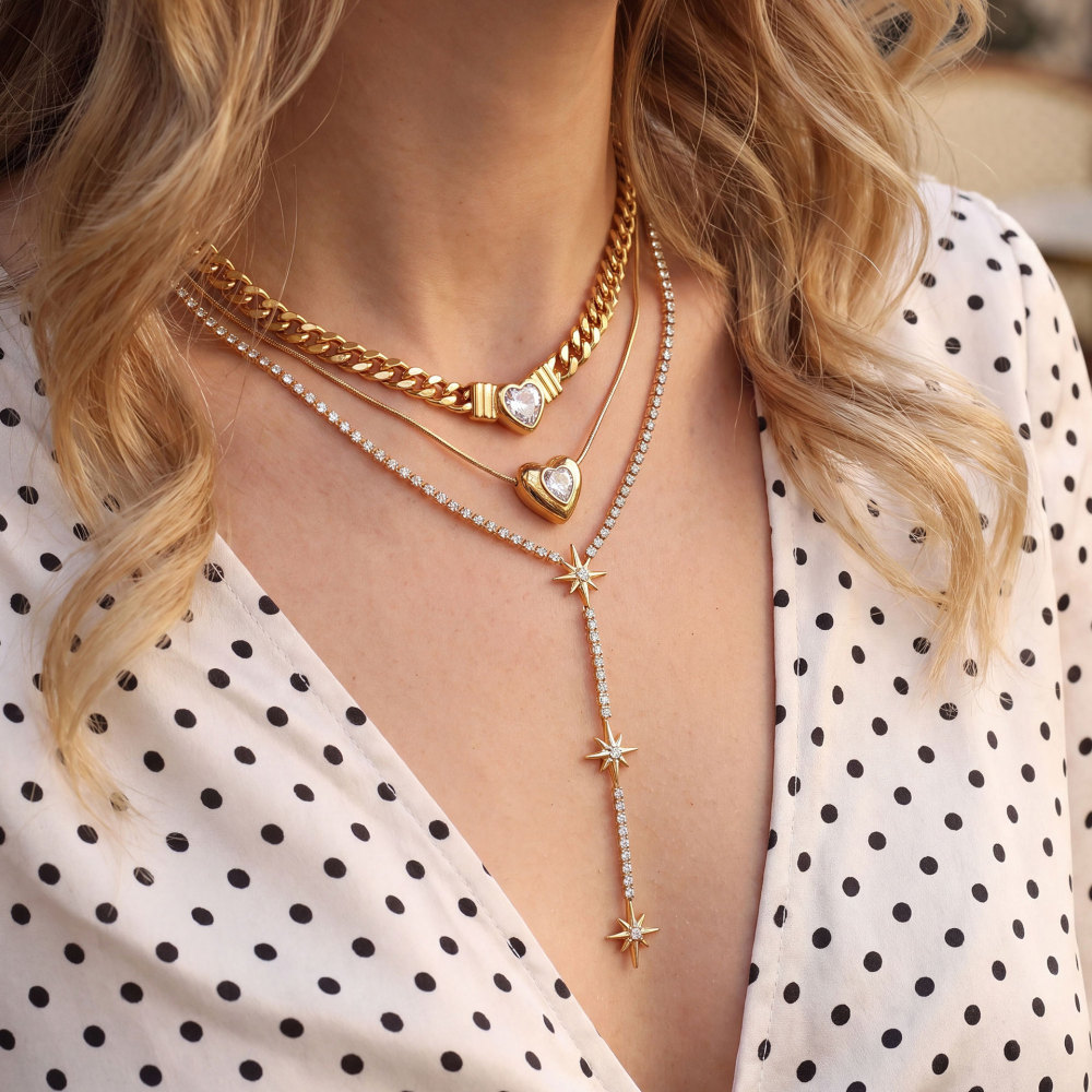 Fashion Jewelry Wholesale Stainless Steel Tarnish Free CZ Star Octagram Y-Shaped Long Necklace